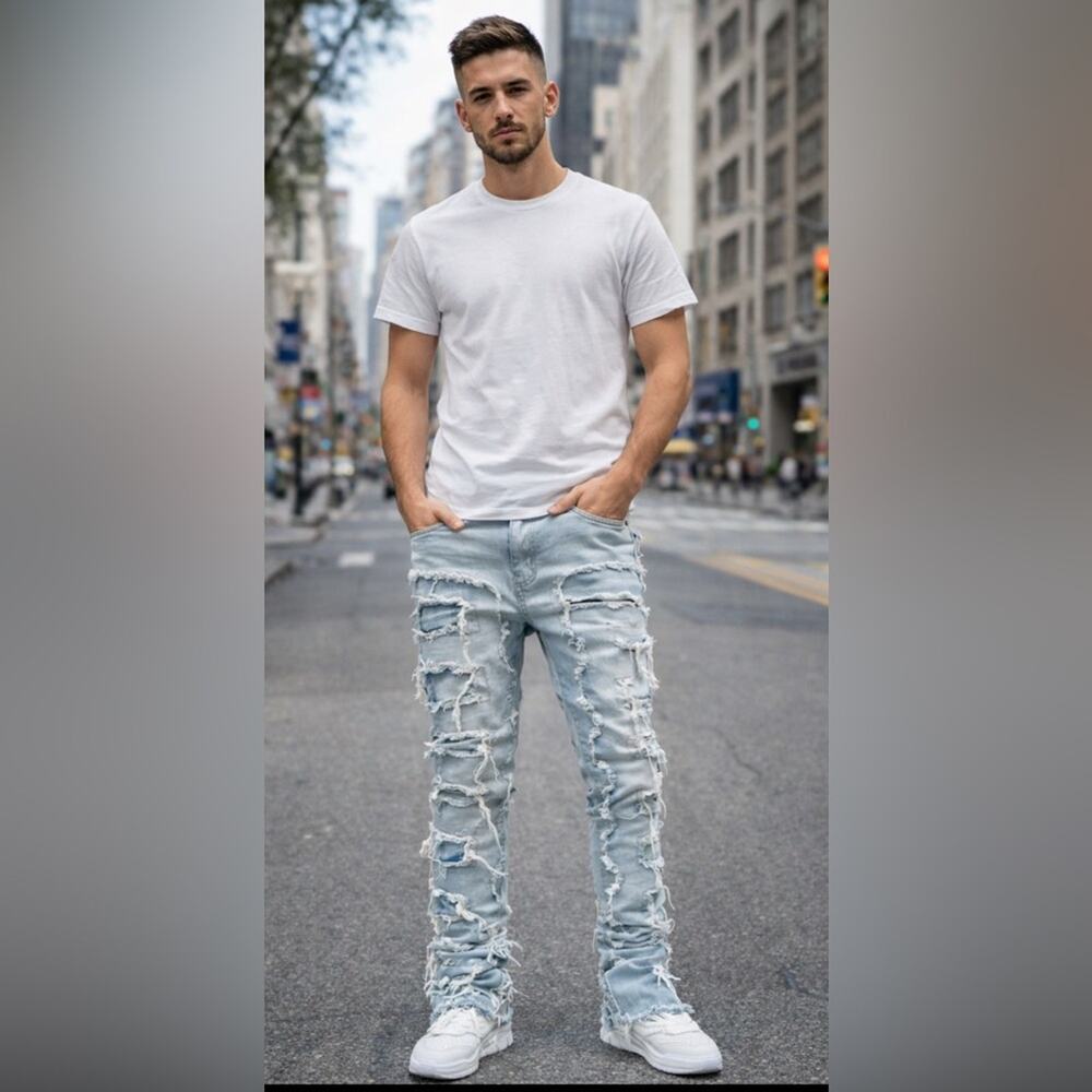 GUAPI Distressed Stacked Jeans Men’s 30 Light Wash Shredded Streetwear Denim